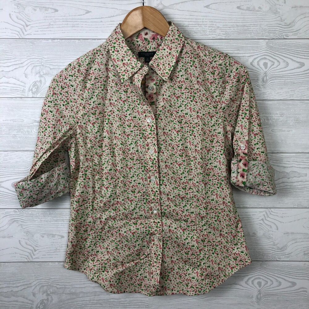 Talbots Women's 2 PETITE Floral Print Button Front Shirt Roll Tab Sleeves Top